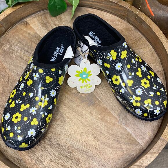 Western Chief Garden Clog Honey Bee Hive Black Yellow Flower NWT Slip On Shoes 9 - Picture 1 of 12
